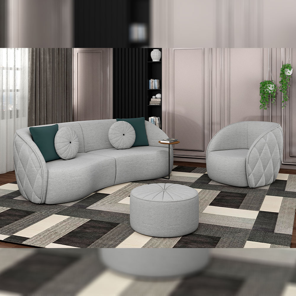 Conjunto Decorativo Sofá 240cm e Poltrona Clarke com Puff Round Linho Cinza G45 - Gran Belo