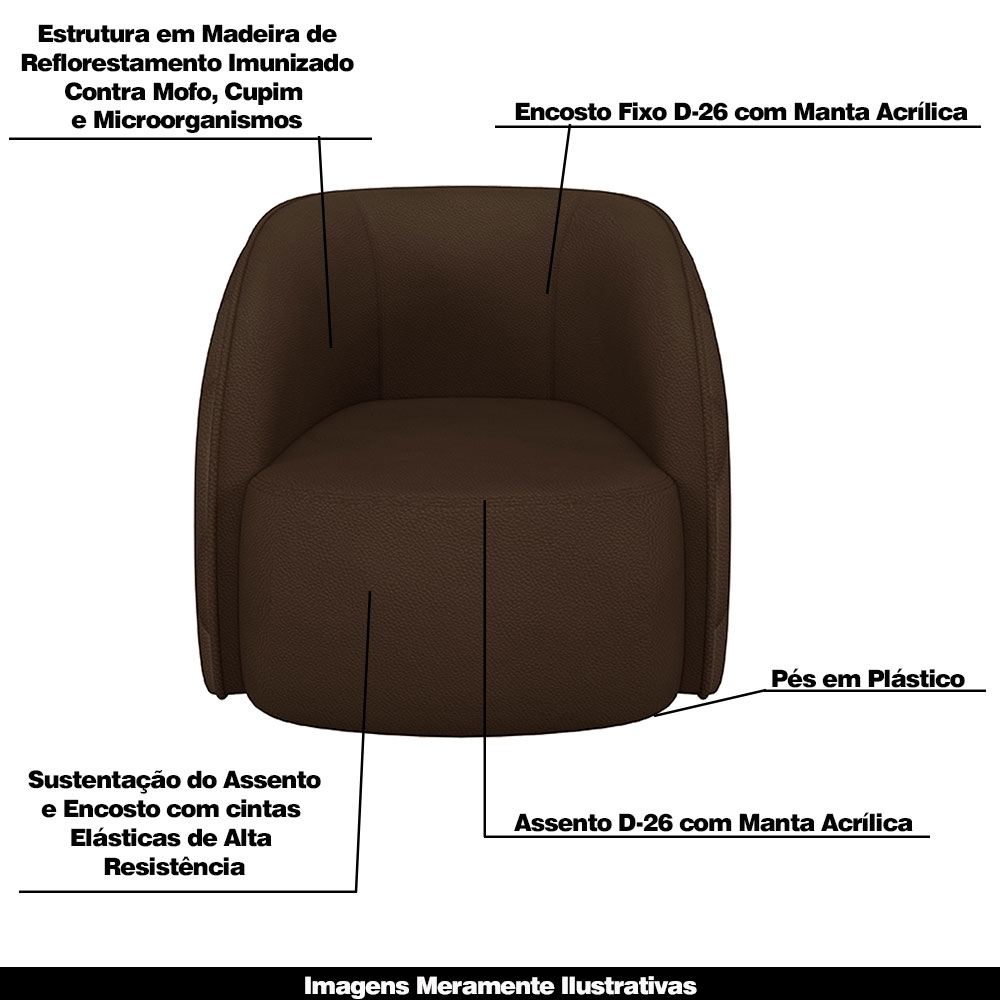 Conjunto Decorativo Sofá 240cm e Poltrona Clarke com Puff Round PU Marrom G45 - Gran Belo