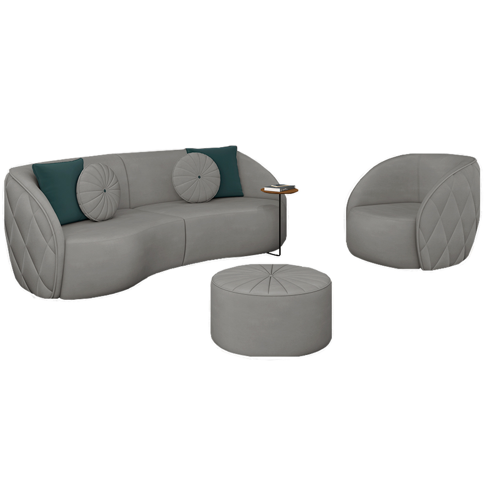 Conjunto Decorativo Sofá 240cm e Poltrona Clarke com Puff Round Veludo Cinza Claro G45 - Gran Belo