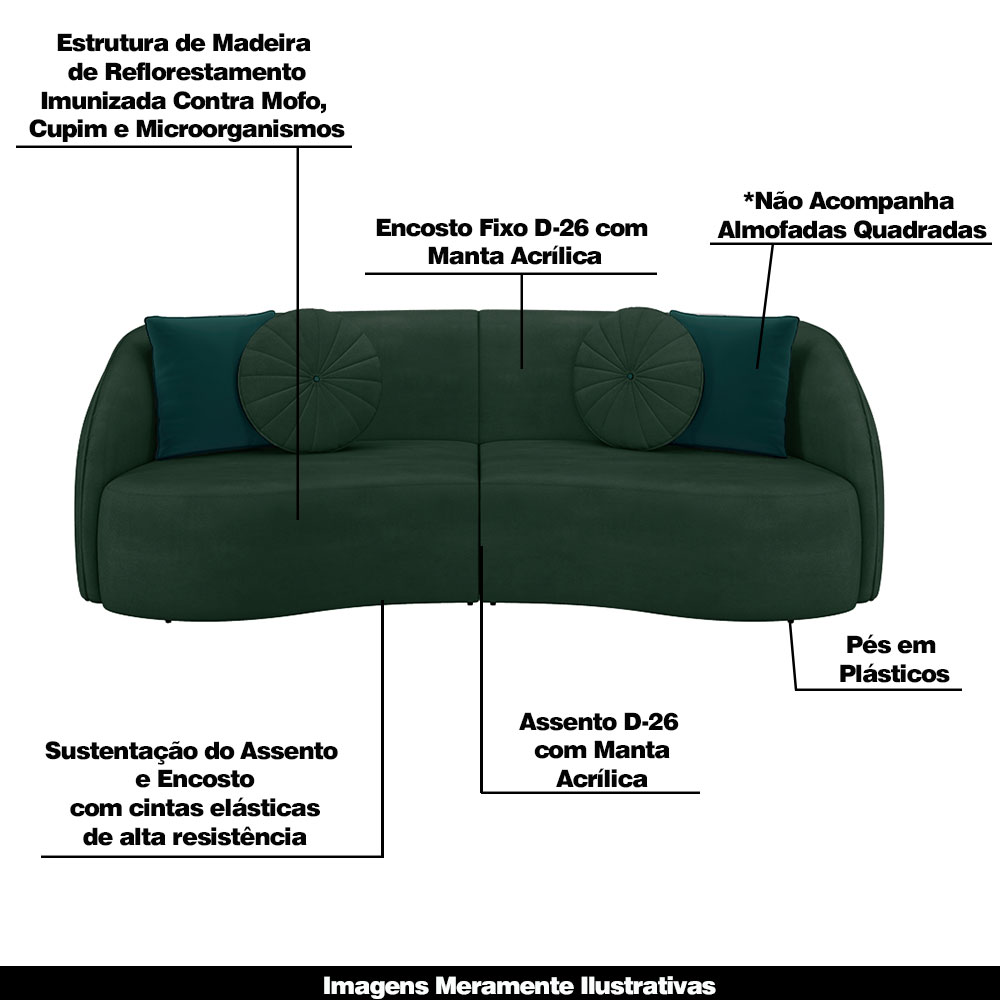 Conjunto Decorativo Sofá 240cm e Poltrona Clarke com Puff Round Veludo Verde G45 - Gran Belo