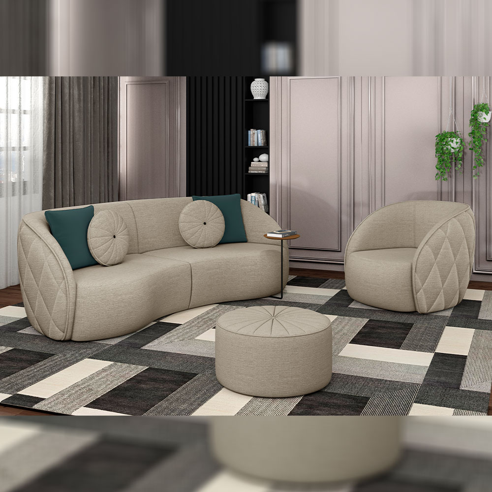 Conjunto Decorativo Sofá 288cm e Poltrona Clarke com Puff Round Linho Bege G45 - Gran Belo