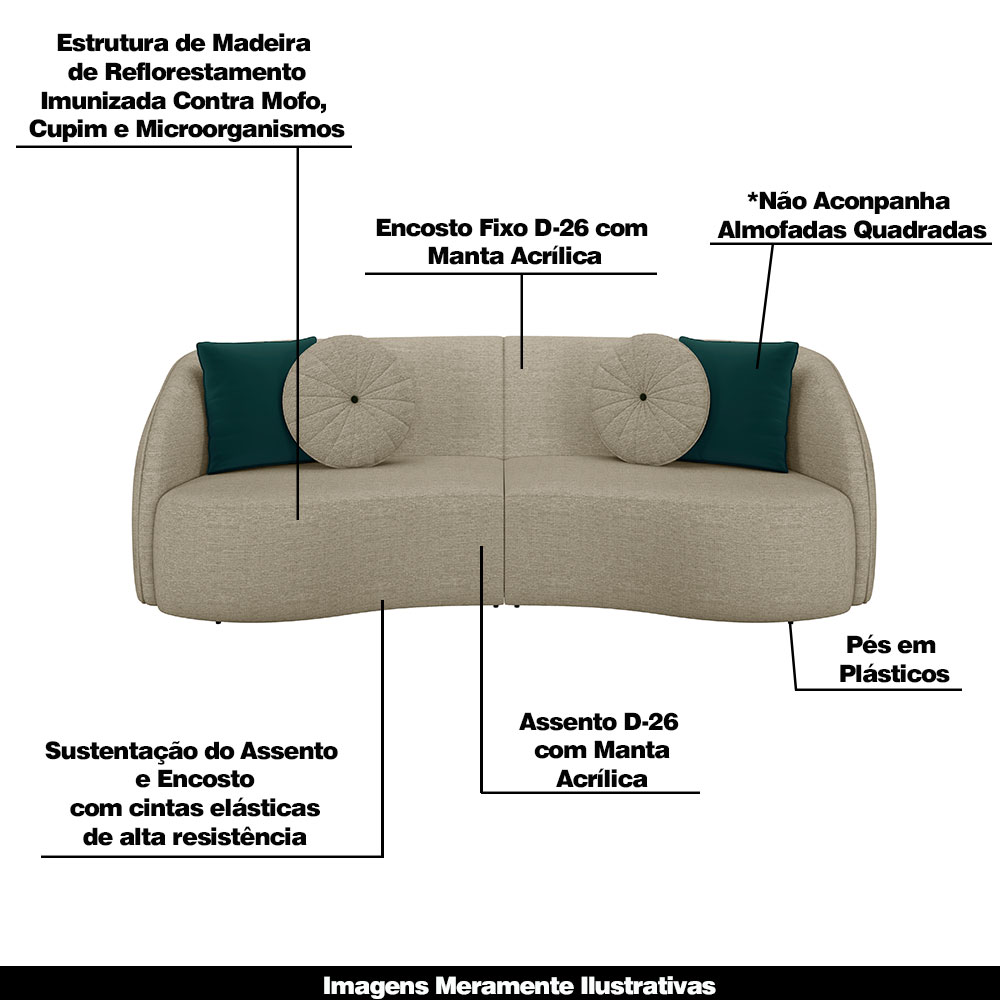 Conjunto Decorativo Sofá 288cm e Poltrona Clarke com Puff Round Linho Bege G45 - Gran Belo