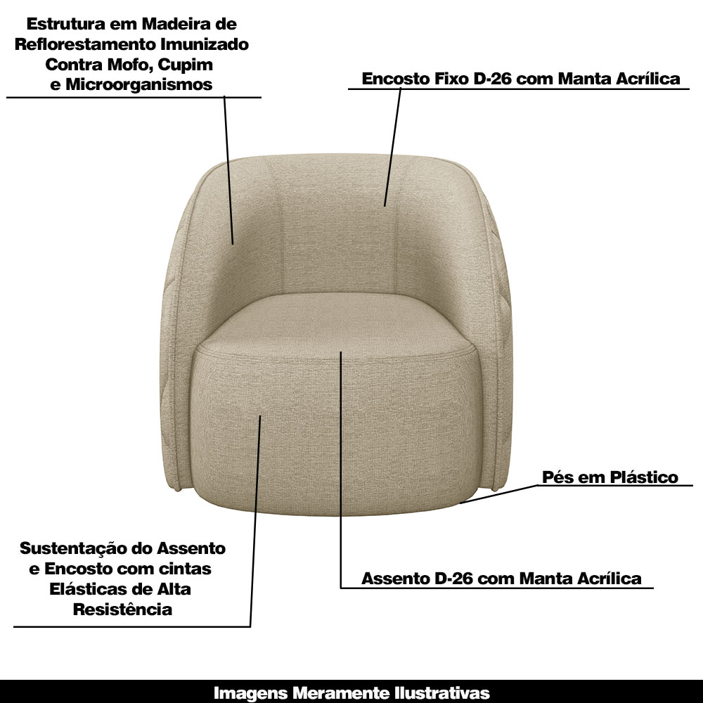 Conjunto Decorativo Sofá 288cm e Poltrona Clarke com Puff Round Linho Bege G45 - Gran Belo