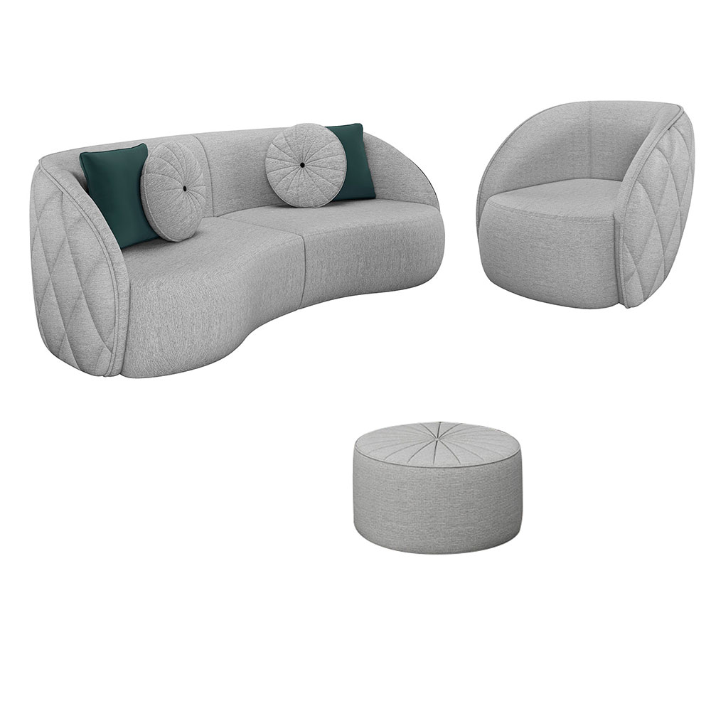 Conjunto Decorativo Sofá 288cm e Poltrona Clarke com Puff Round Linho Cinza G45 - Gran Belo