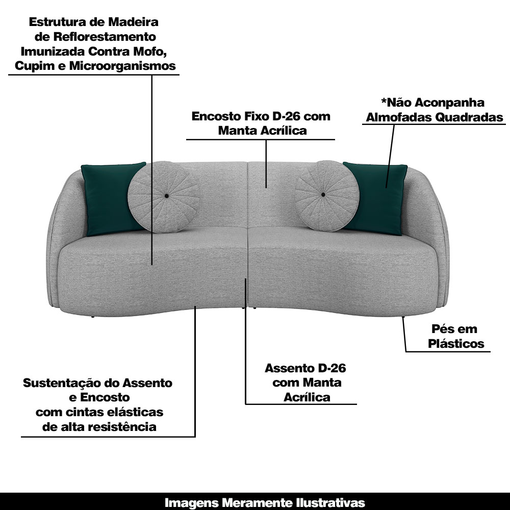 Conjunto Decorativo Sofá 288cm e Poltrona Clarke com Puff Round Linho Cinza G45 - Gran Belo