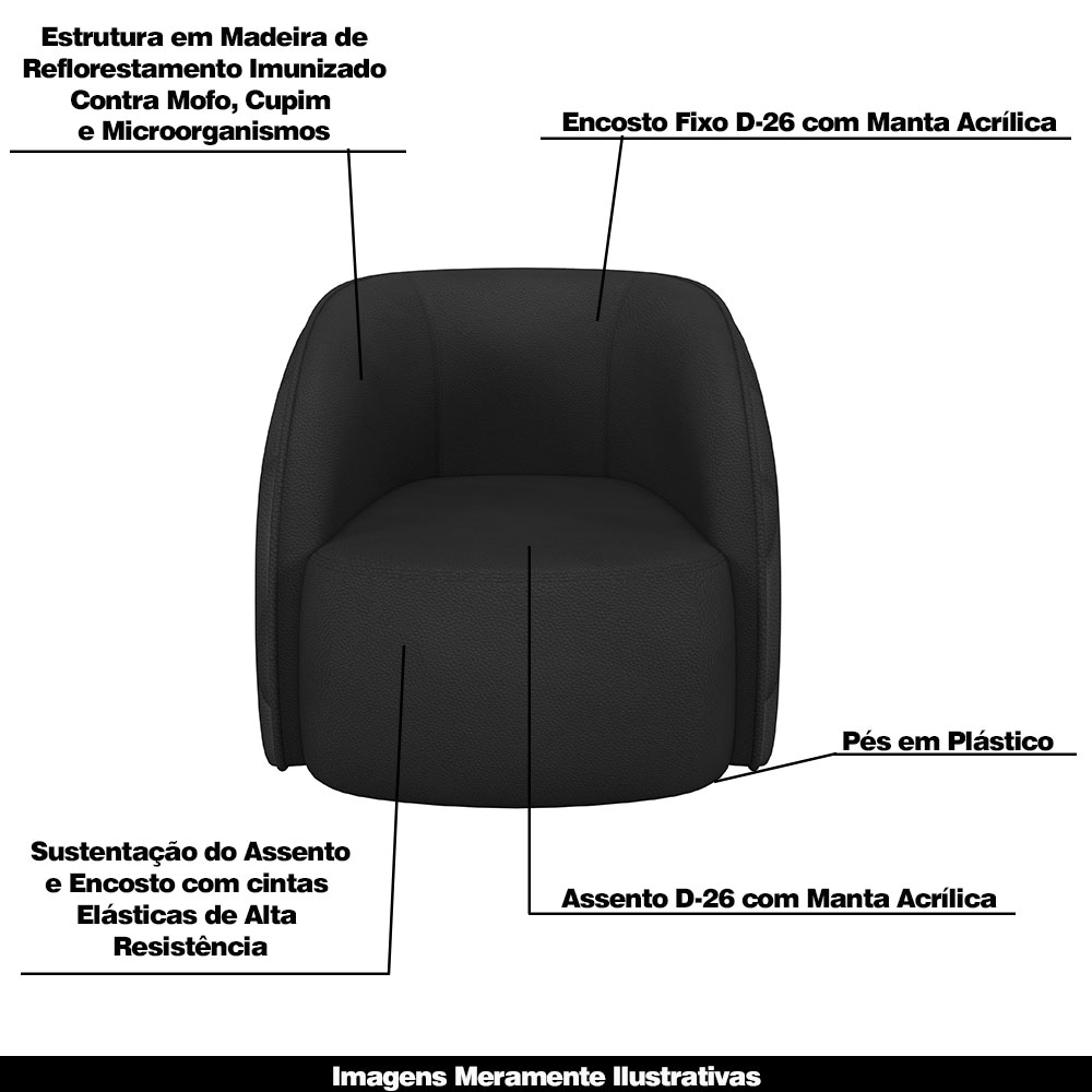 Conjunto Decorativo Sofá 288cm e Poltrona Clarke com Puff Round Pu Preto G45 - Gran Belo