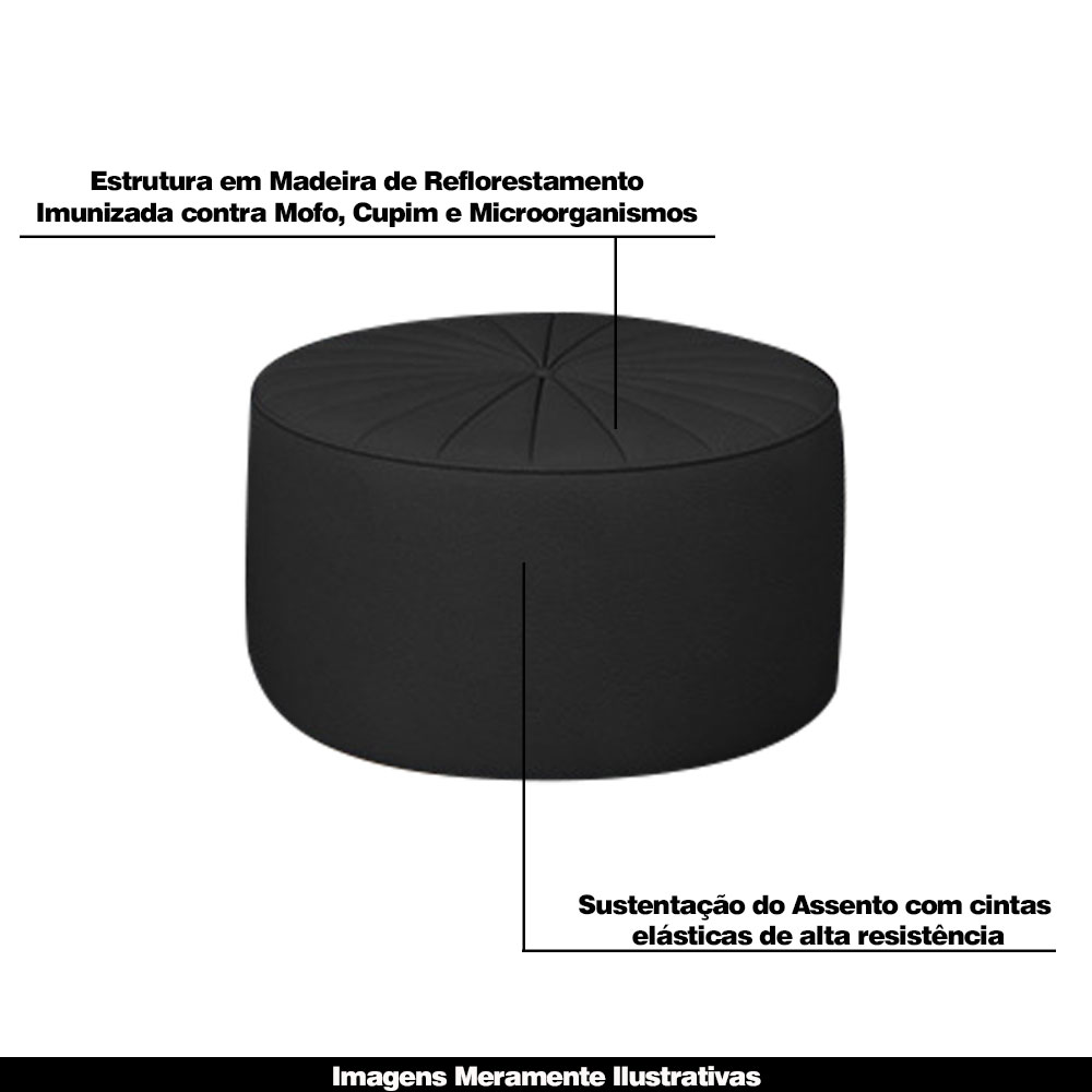 Conjunto Decorativo Sofá 288cm e Poltrona Clarke com Puff Round Pu Preto G45 - Gran Belo
