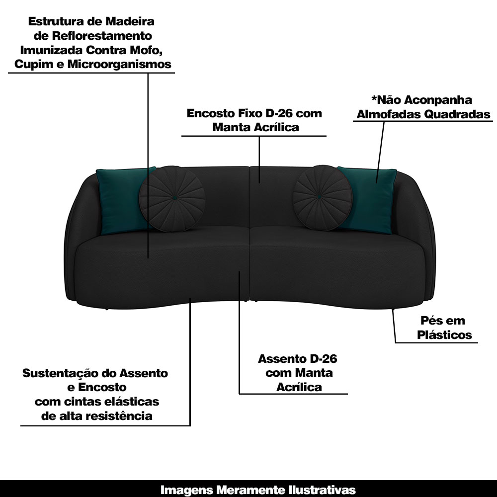 Conjunto Decorativo Sofá 288cm e Poltrona Clarke com Puff Round Pu Preto G45 - Gran Belo