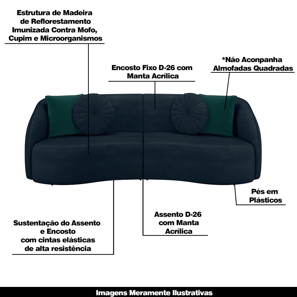 Conjunto Decorativo Sofá 288cm e Poltrona Clarke com Puff Round Veludo Azul Marinho G45 - Gran Belo