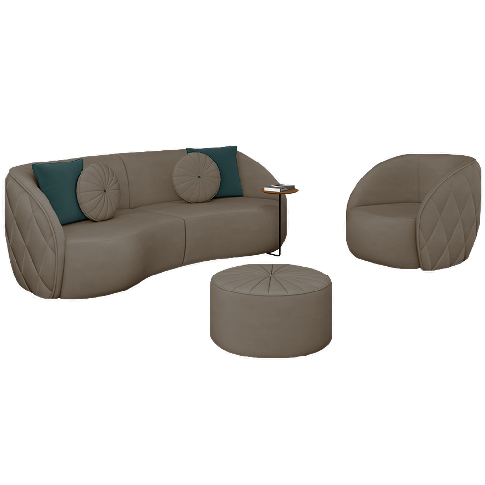 Conjunto Decorativo Sofá 288cm e Poltrona Clarke com Puff Round Veludo Bege G45 - Gran Belo