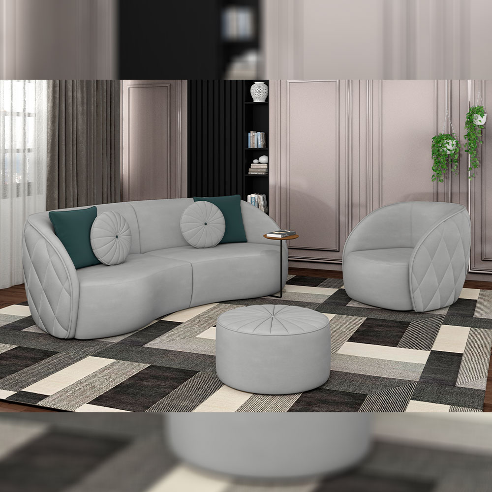 Conjunto Decorativo Sofá 288cm e Poltrona Clarke com Puff Round Veludo Cinza Claro G45 - Gran Belo