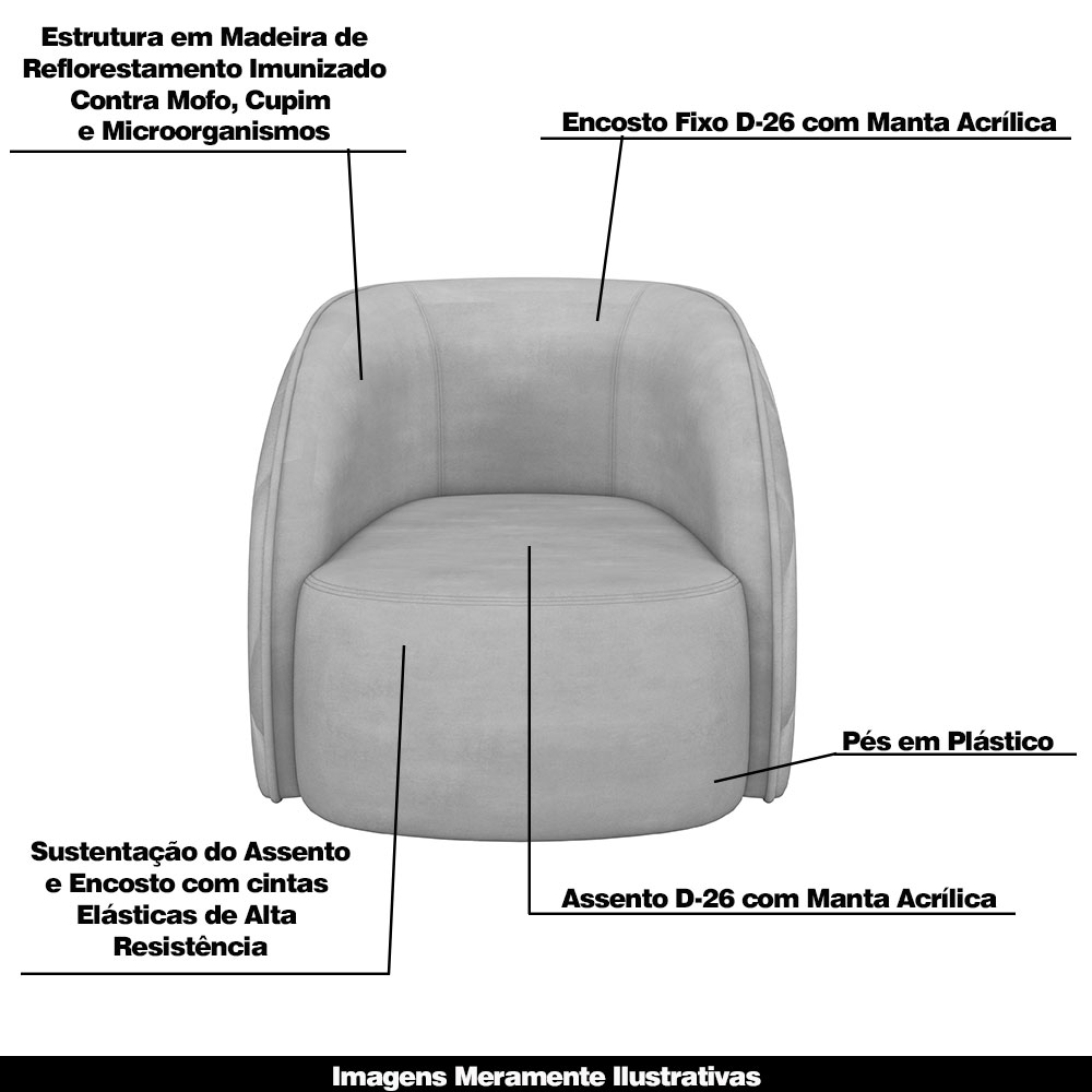 Conjunto Decorativo Sofá 288cm e Poltrona Clarke com Puff Round Veludo Cinza Claro G45 - Gran Belo