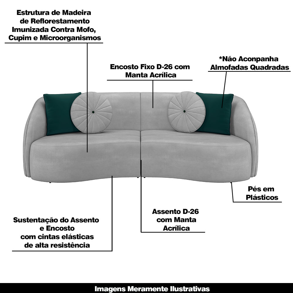Conjunto Decorativo Sofá 288cm e Poltrona Clarke com Puff Round Veludo Cinza Claro G45 - Gran Belo