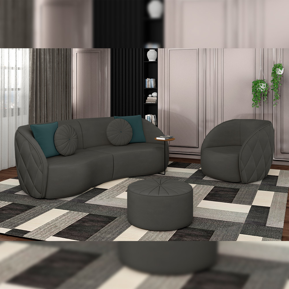 Conjunto Decorativo Sofá 288cm e Poltrona Clarke com Puff Round Veludo Cinza G45 - Gran Belo