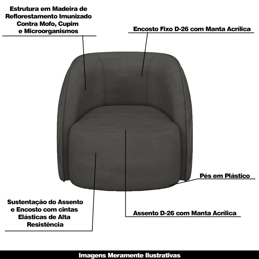Conjunto Decorativo Sofá 288cm e Poltrona Clarke com Puff Round Veludo Cinza G45 - Gran Belo