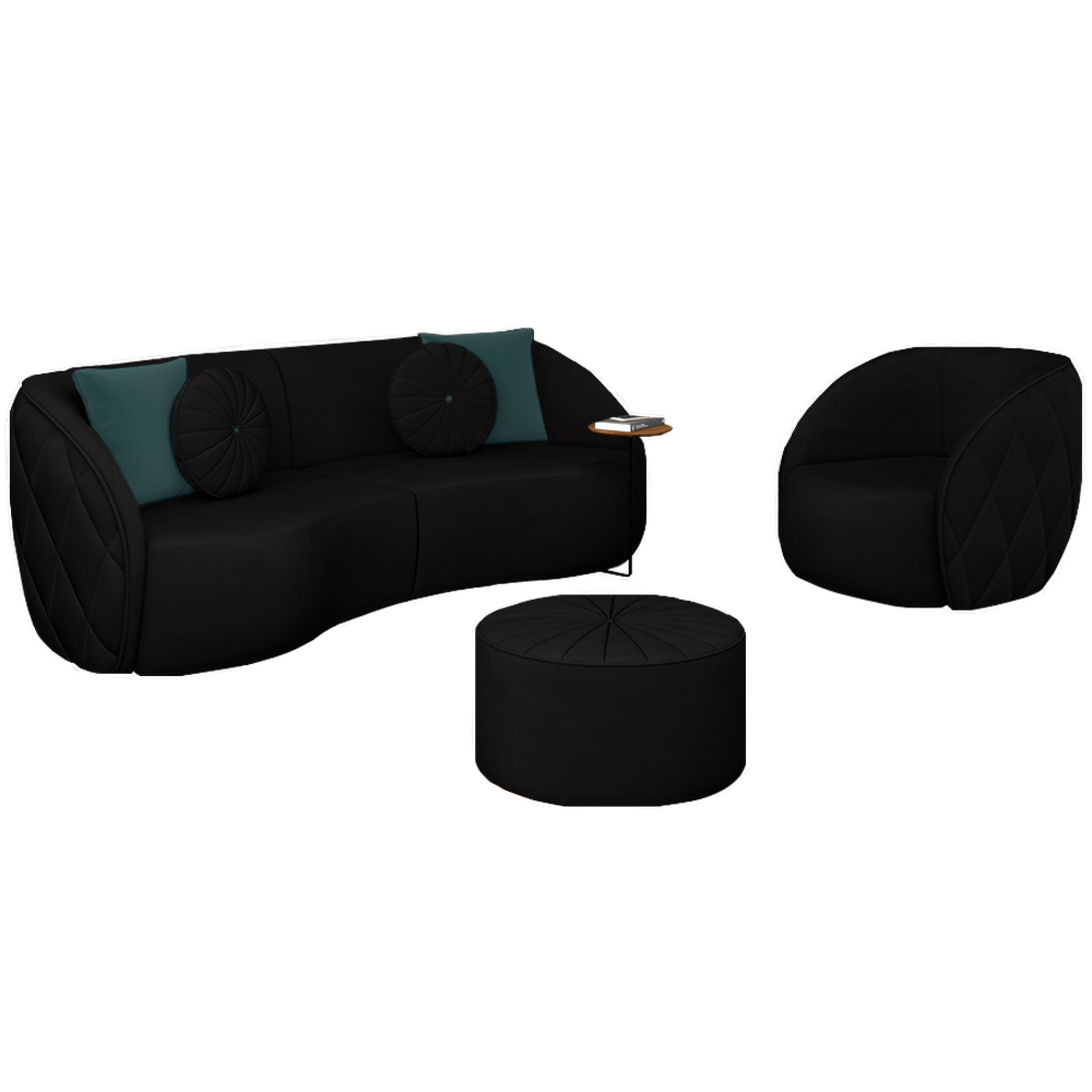 Conjunto Decorativo Sofá 288cm e Poltrona Clarke com Puff Round Veludo Preto G45 - Gran Belo