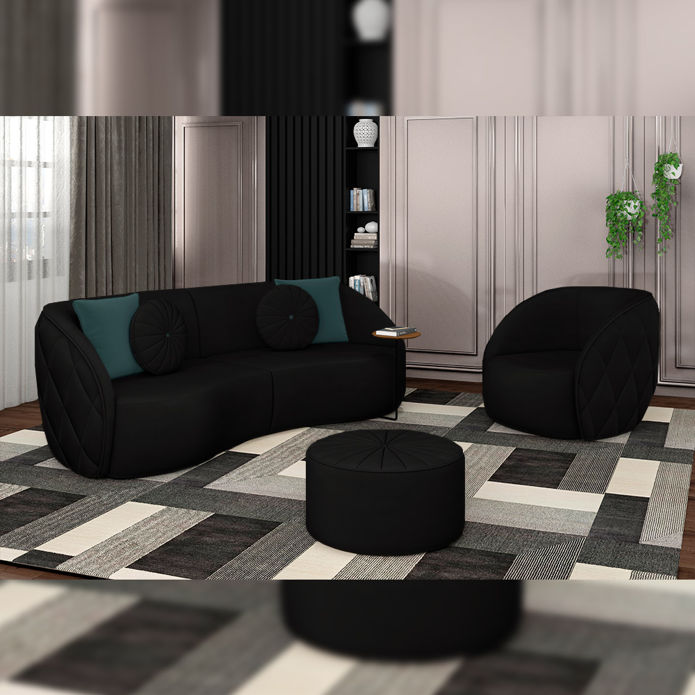 Conjunto Decorativo Sofá 288cm e Poltrona Clarke com Puff Round Veludo Preto G45 - Gran Belo