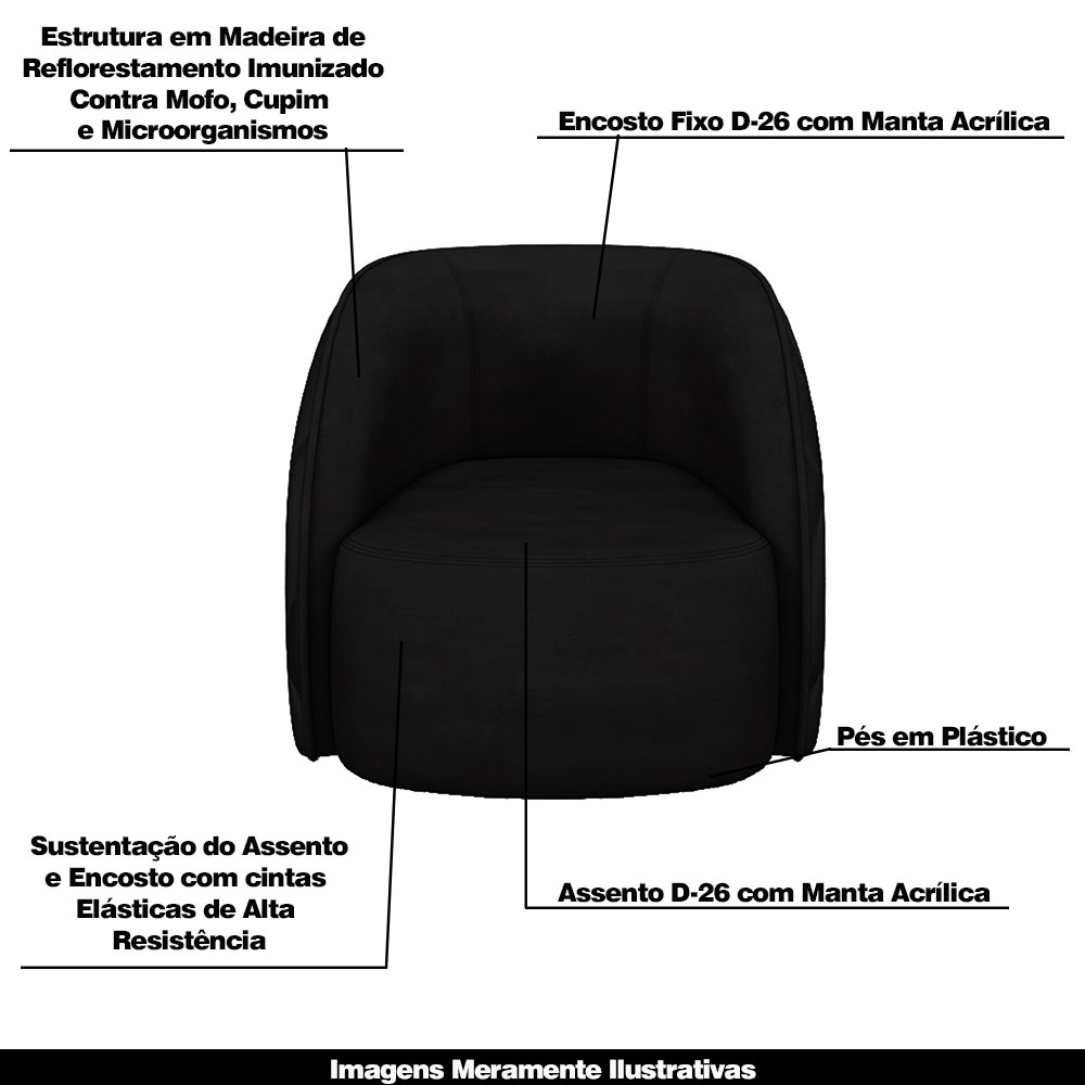 Conjunto Decorativo Sofá 288cm e Poltrona Clarke com Puff Round Veludo Preto G45 - Gran Belo