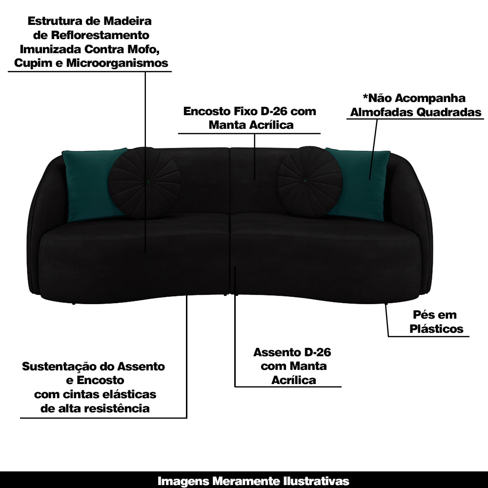 Conjunto Decorativo Sofá 288cm e Poltrona Clarke com Puff Round Veludo Preto G45 - Gran Belo