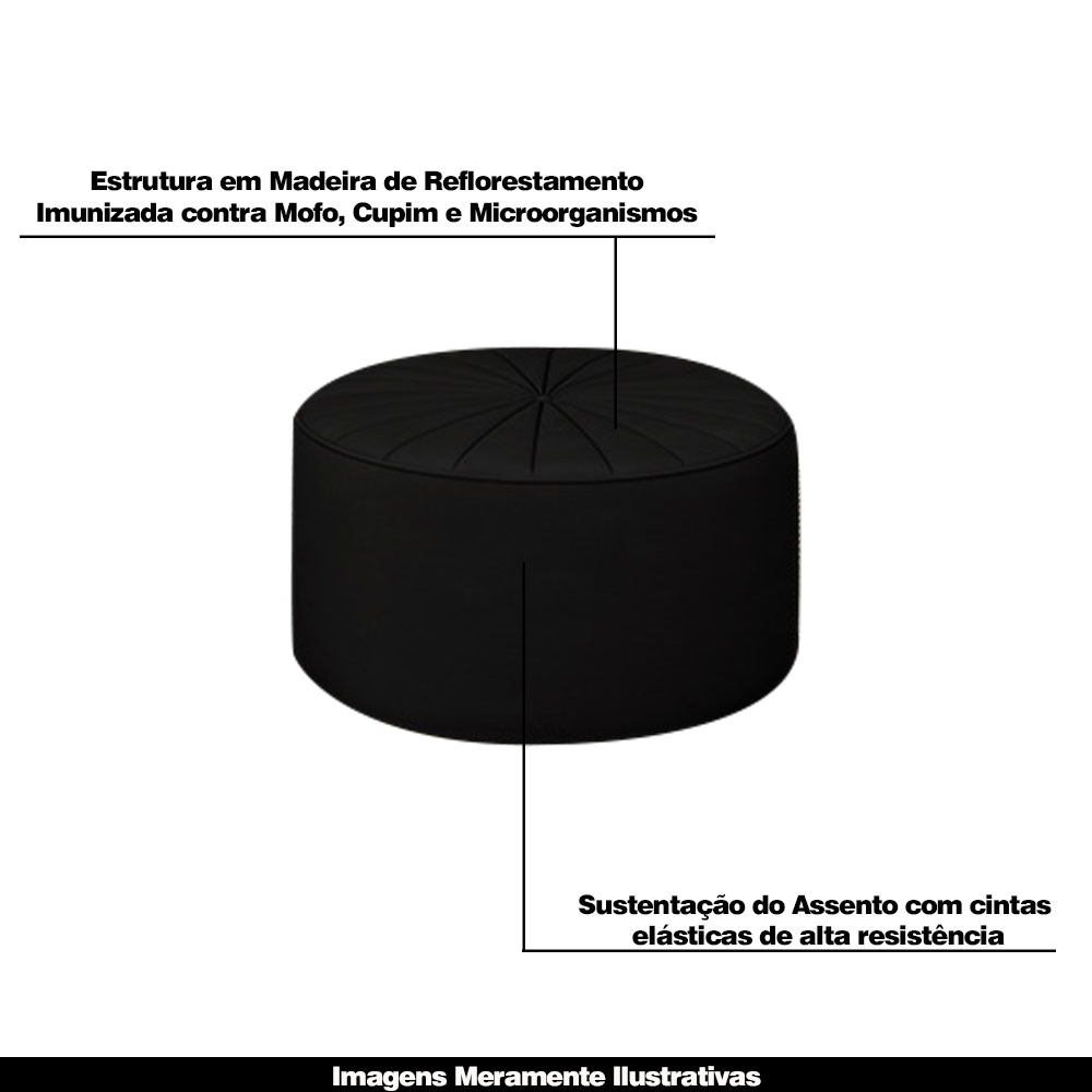 Conjunto Decorativo Sofá 288cm e Poltrona Clarke com Puff Round Veludo Preto G45 - Gran Belo