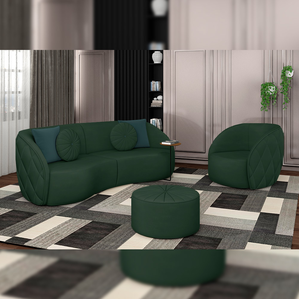 Conjunto Decorativo Sofá 288cm e Poltrona Clarke com Puff Round Veludo Verde G45 - Gran Belo