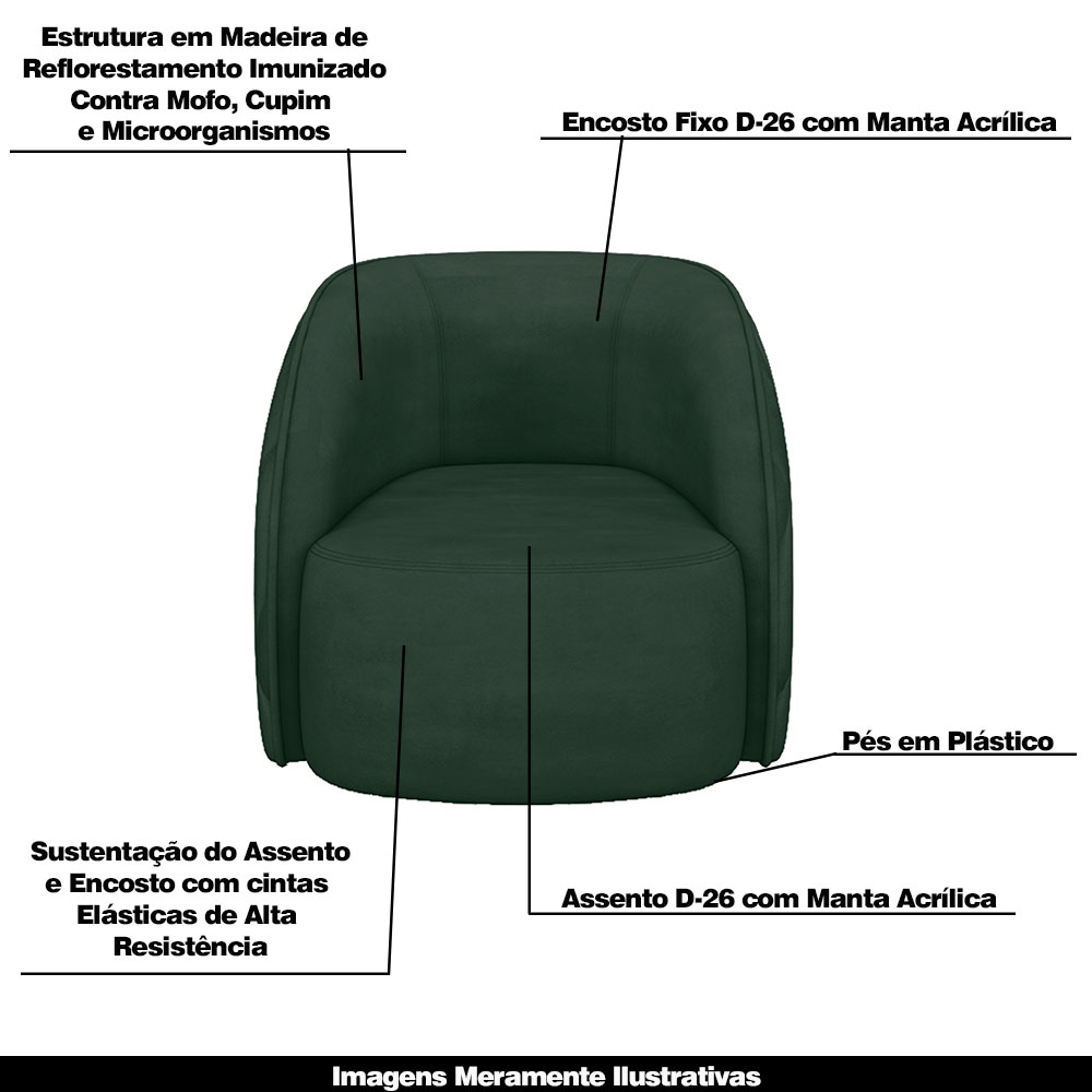 Conjunto Decorativo Sofá 288cm e Poltrona Clarke com Puff Round Veludo Verde G45 - Gran Belo