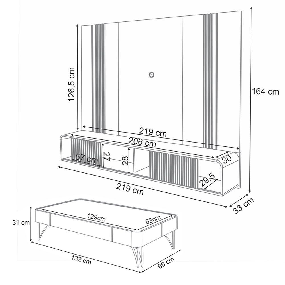 Conjunto Home Suspenso c/LED e Mesa de Centro Rennes MDF/MDP Off White/Castanho G26 - Gran Belo