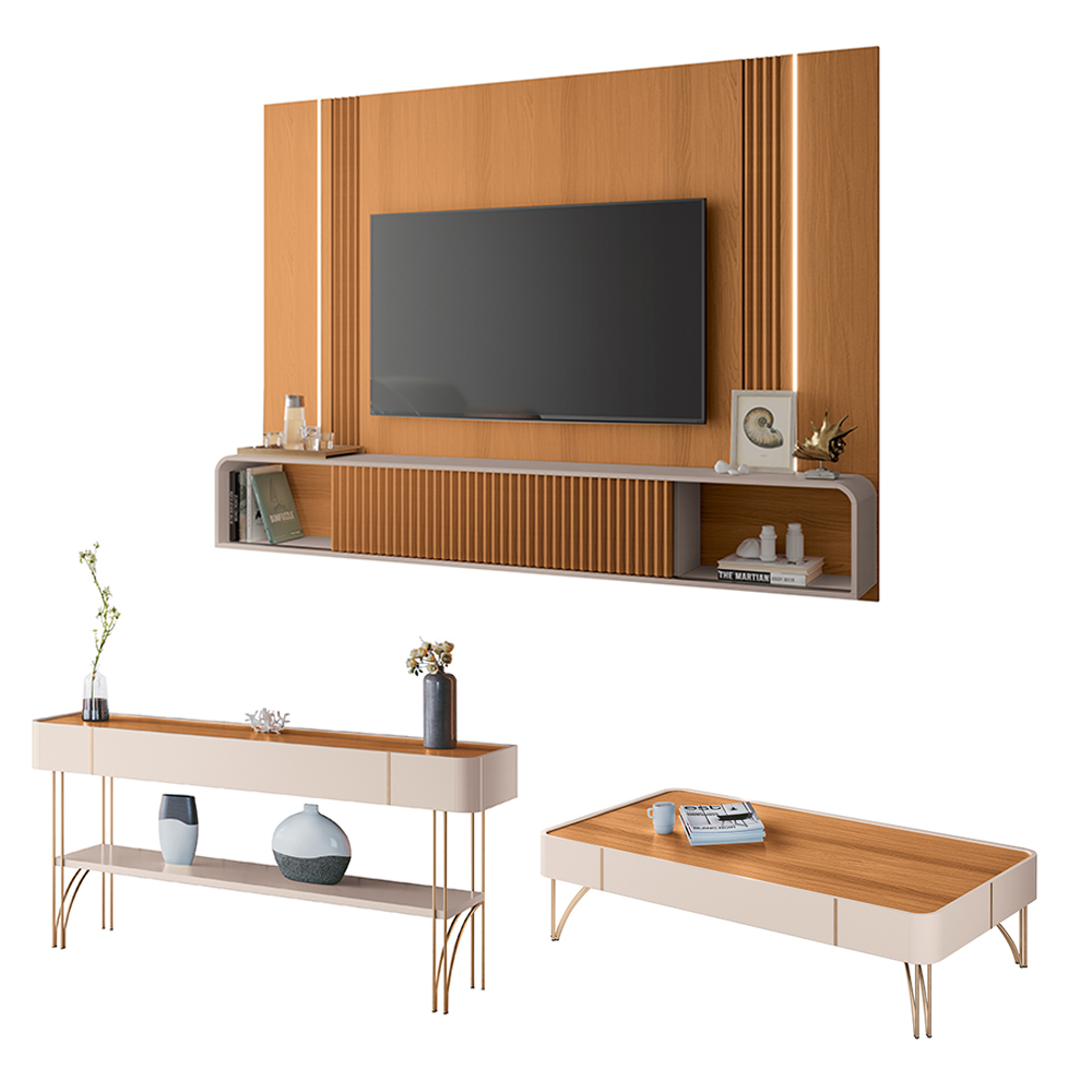 Conjunto Home c/LED, Aparador e Mesa de Centro Rennes MDF/MDP Cinamomo/Off White G26 - Gran Belo