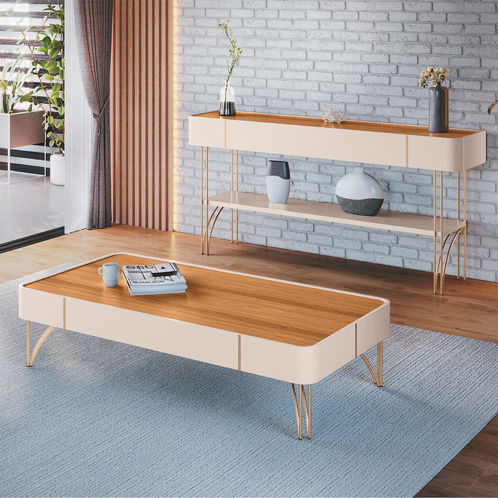 Conjunto Home c/LED, Aparador e Mesa de Centro Rennes MDF/MDP Cinamomo/Off White G26 - Gran Belo