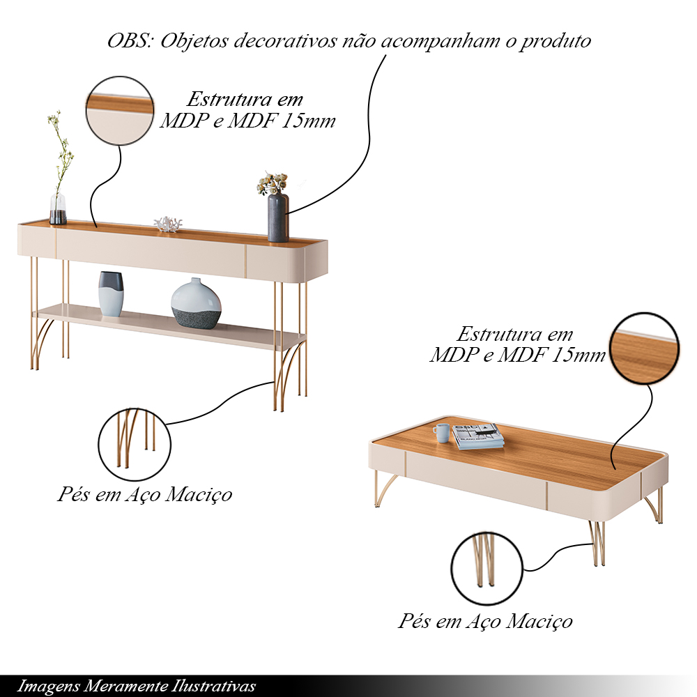 Conjunto Home c/LED, Aparador e Mesa de Centro Rennes MDF/MDP Cinamomo/Off White G26 - Gran Belo