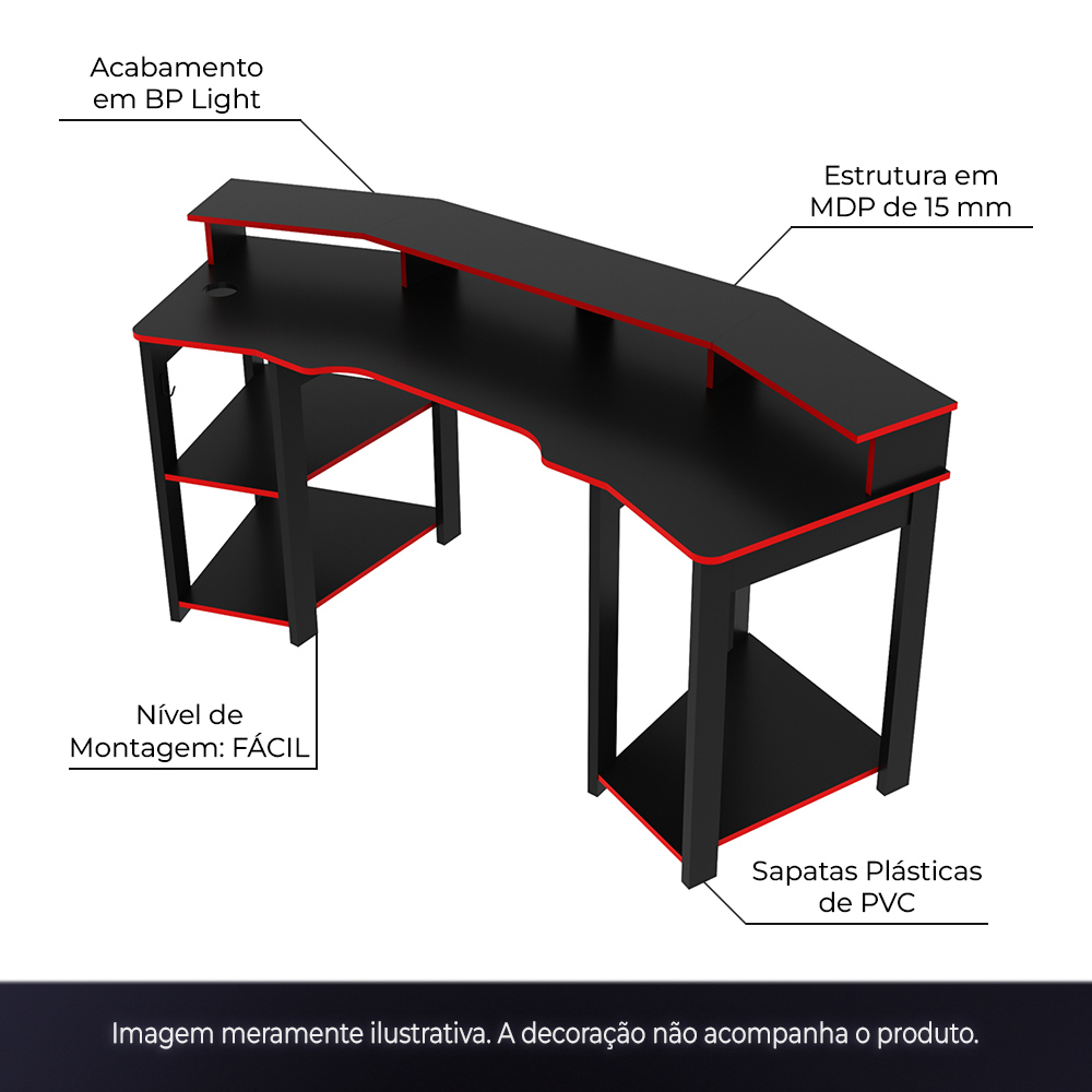 Conjunto Mesa Armário Estante e Gaveteiro para Escritório Home Office Gamer Cool MDP Preto/Vermelho G69 - Gran Belo