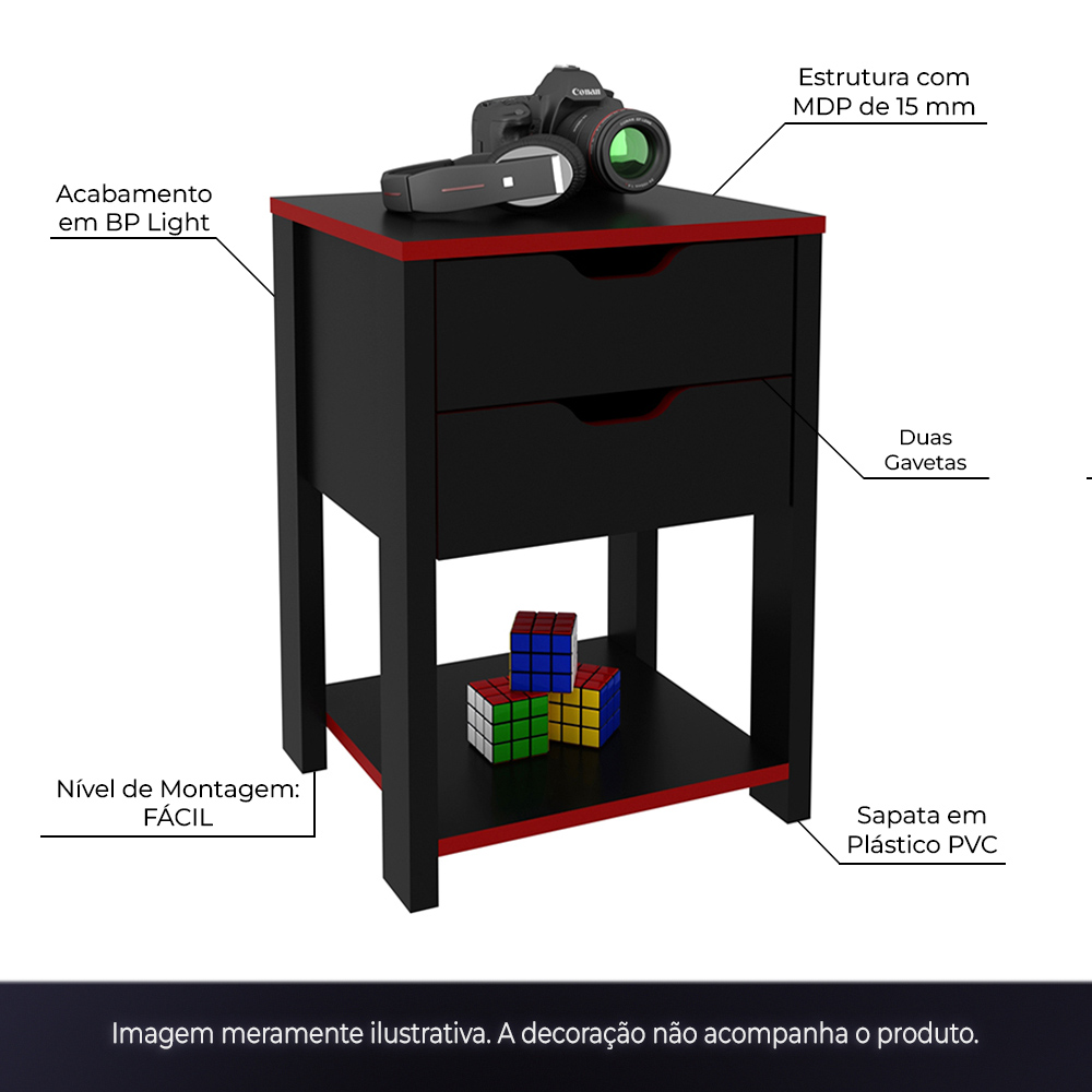 Conjunto Mesa Armário Estante e Gaveteiro para Escritório Home Office Gamer Cool MDP Preto/Vermelho G69 - Gran Belo