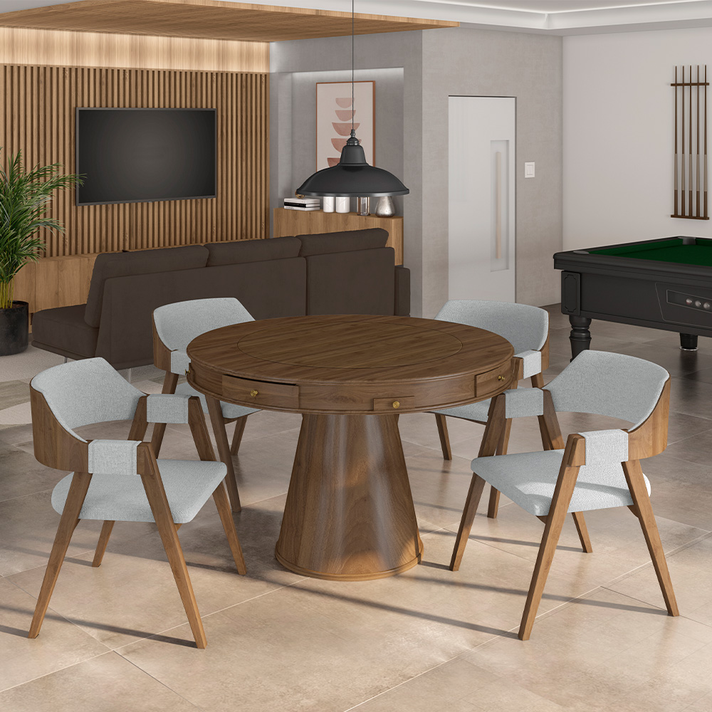 Conjunto Mesa de Jogos Carteado Bellagio Tampo Reversível Verde e 4 Cadeiras Madeira Poker Base Cone Linho Cinza/Nogueira G42 - Gran Belo