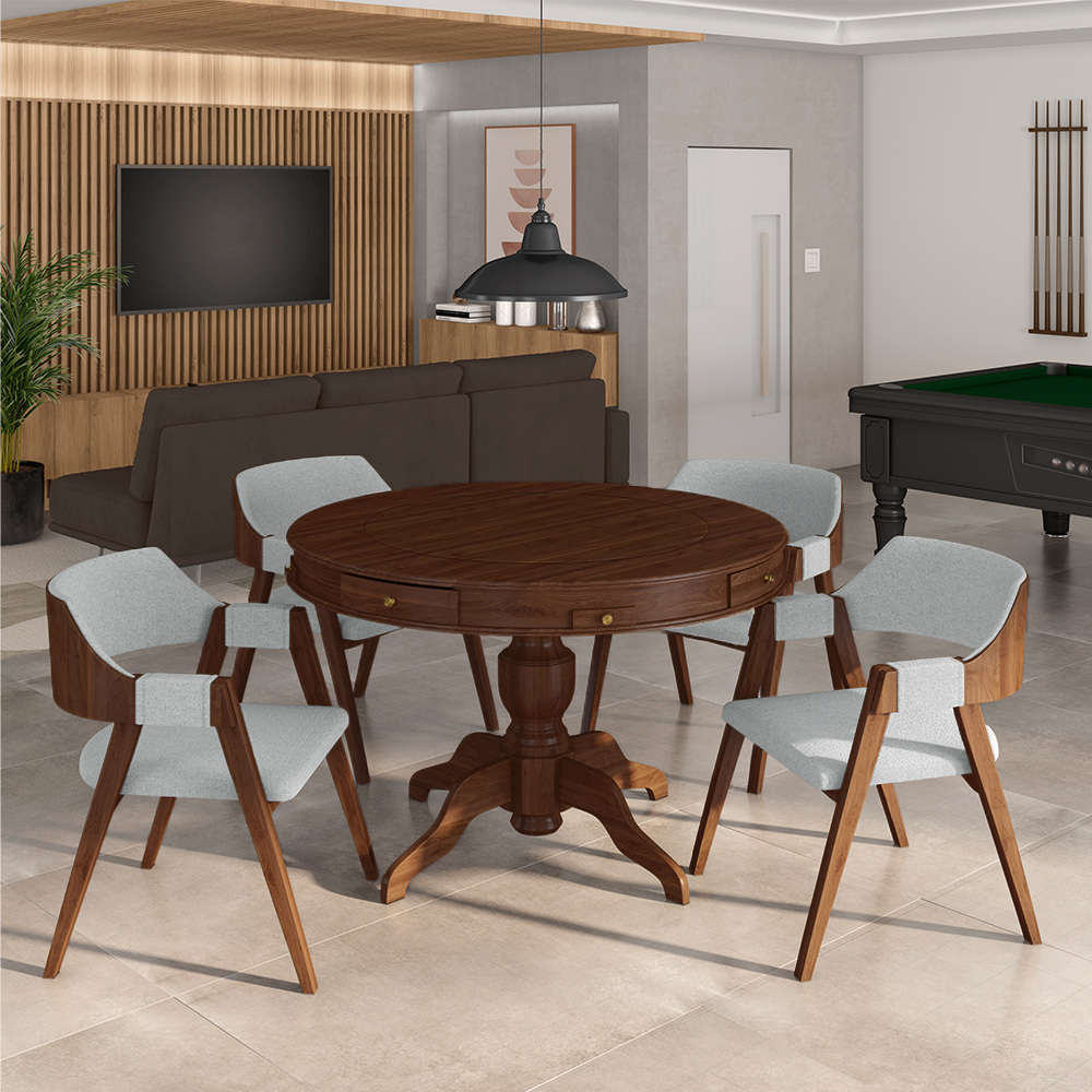 Conjunto Mesa de Jogos Carteado Bellagio Tampo Reversível Verde e 4 Cadeiras Madeira Poker Base Estrela Linho Cinza/Imbuia G42 - Gran Belo