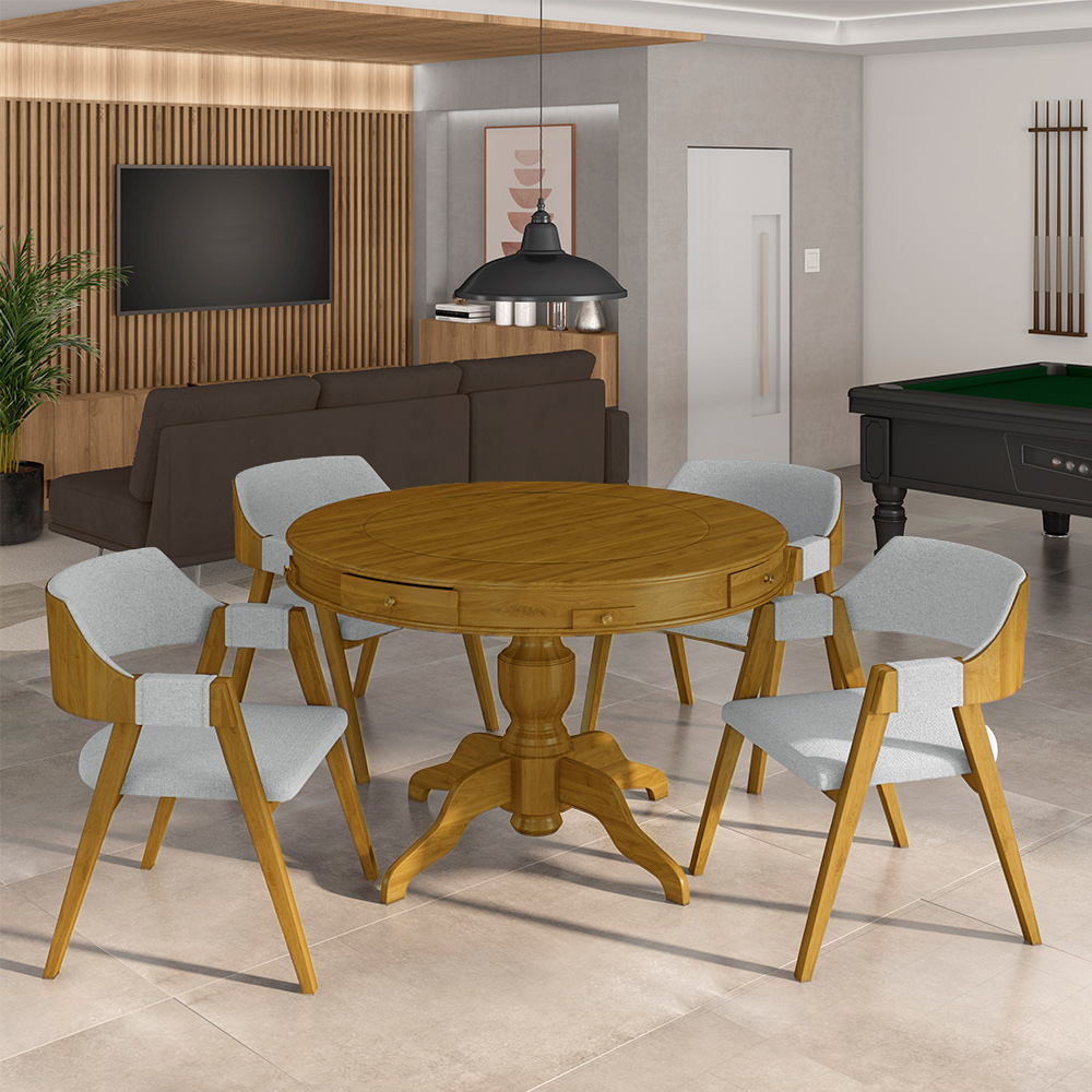 Conjunto Mesa de Jogos Carteado Bellagio Tampo Reversível Verde e 4 Cadeiras Madeira Poker Base Estrela Linho Cinza/Mel G42 - Gran Belo