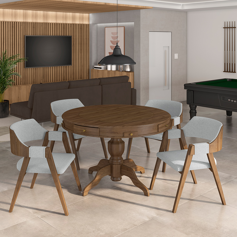 Conjunto Mesa de Jogos Carteado Bellagio Tampo Reversível Verde e 4 Cadeiras Madeira Poker Base Estrela Linho Cinza/Nogueira G42 - Gran Belo