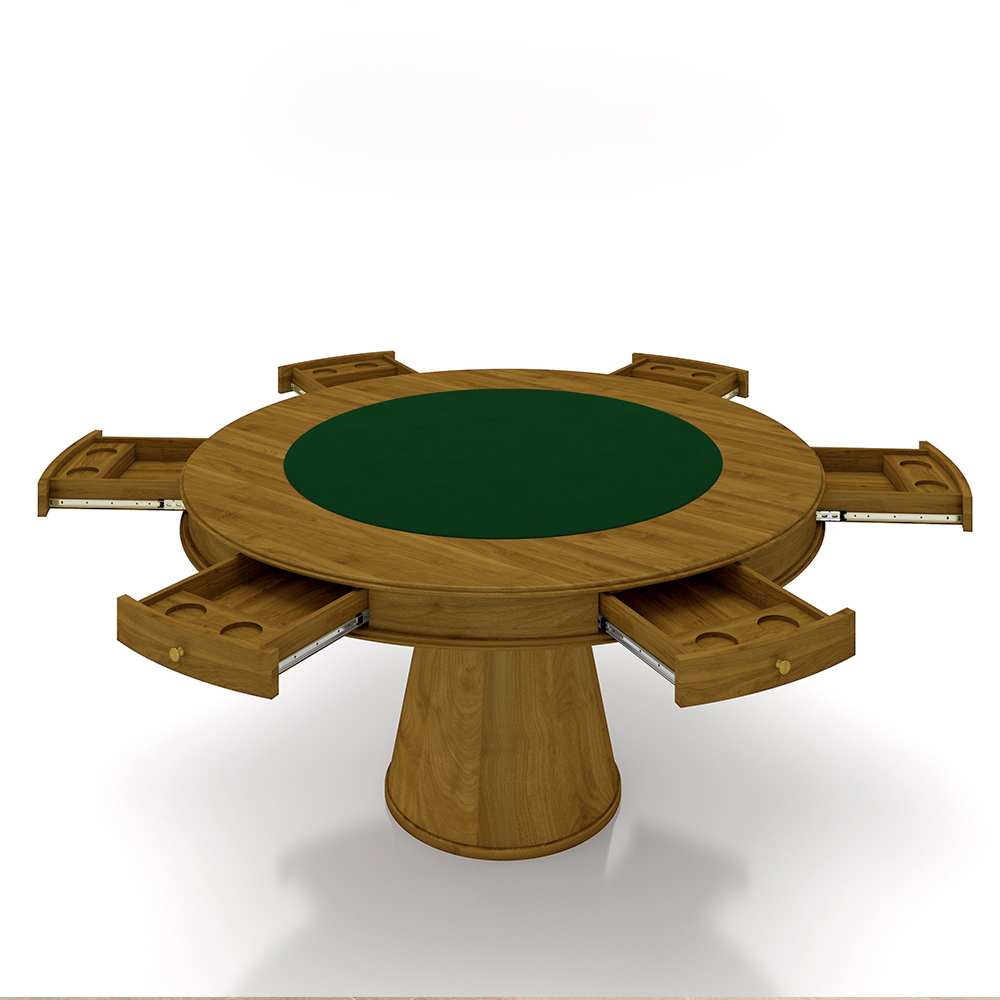 Conjunto Mesa de Jogos Carteado Bellagio Tampo Reversível Verde e 6 Cadeiras Madeira Poker Base Cone Linho Cinza/Mel G42 - Gran Belo
