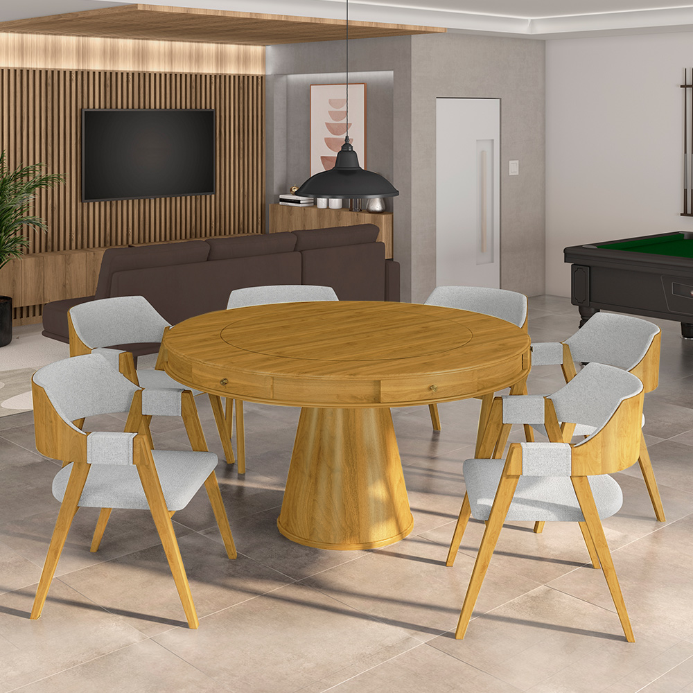 Conjunto Mesa de Jogos Carteado Bellagio Tampo Reversível Verde e 6 Cadeiras Madeira Poker Base Cone Linho Cinza/Mel G42 - Gran Belo