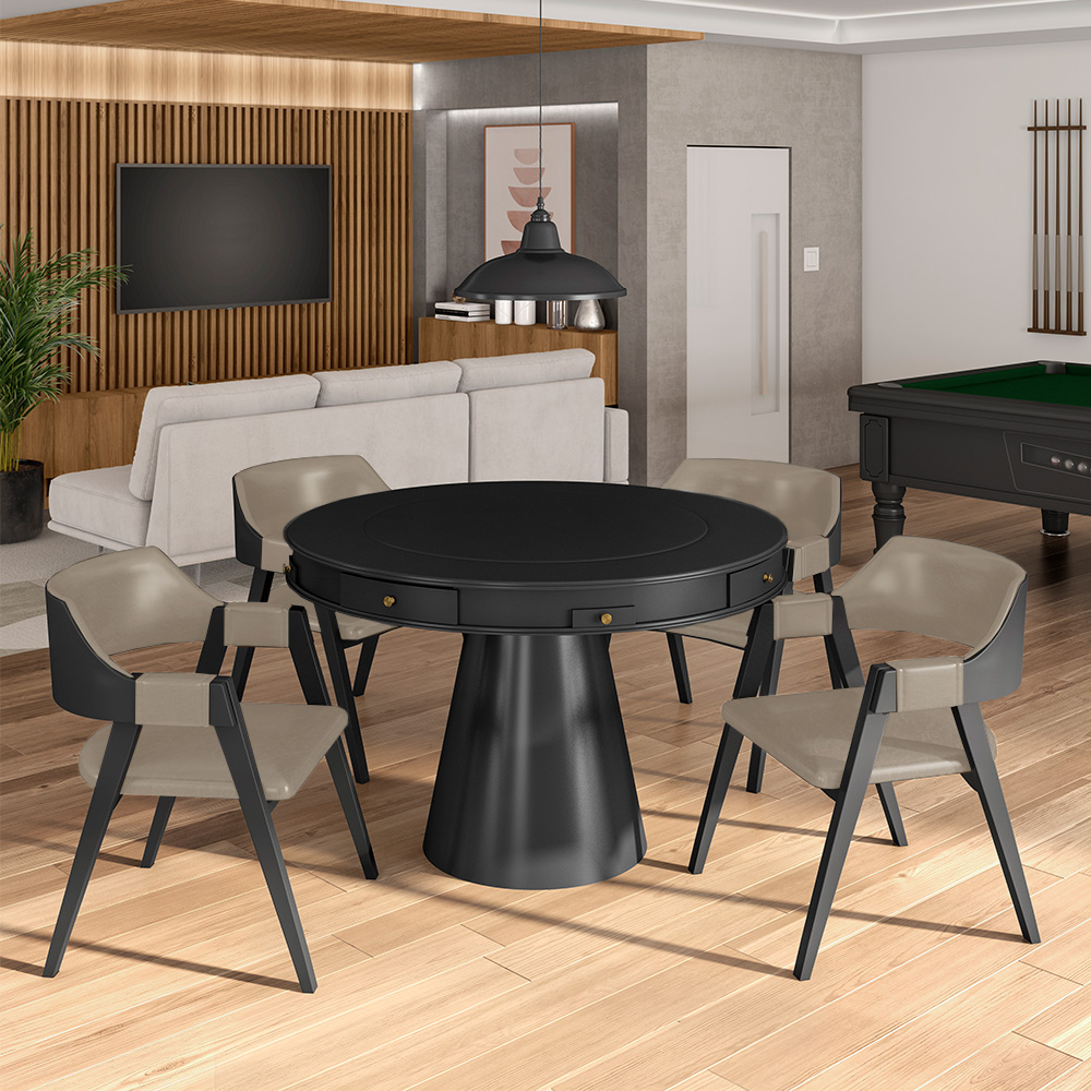 Conjunto Mesa de Jogos Carteado Bellagio Tampo Reversível e 4 Cadeiras Madeira Poker Base Cone PU Nude/Preto G42 - Gran Belo