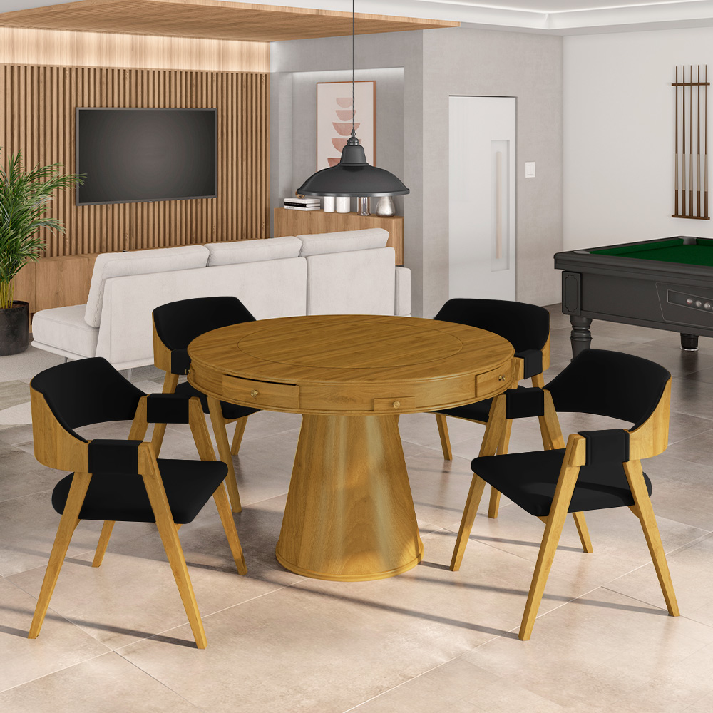 Conjunto Mesa de Jogos Carteado Bellagio Tampo Reversível e 4 Cadeiras Madeira Poker Base Cone Veludo Preto/Mel G42 - Gran Belo