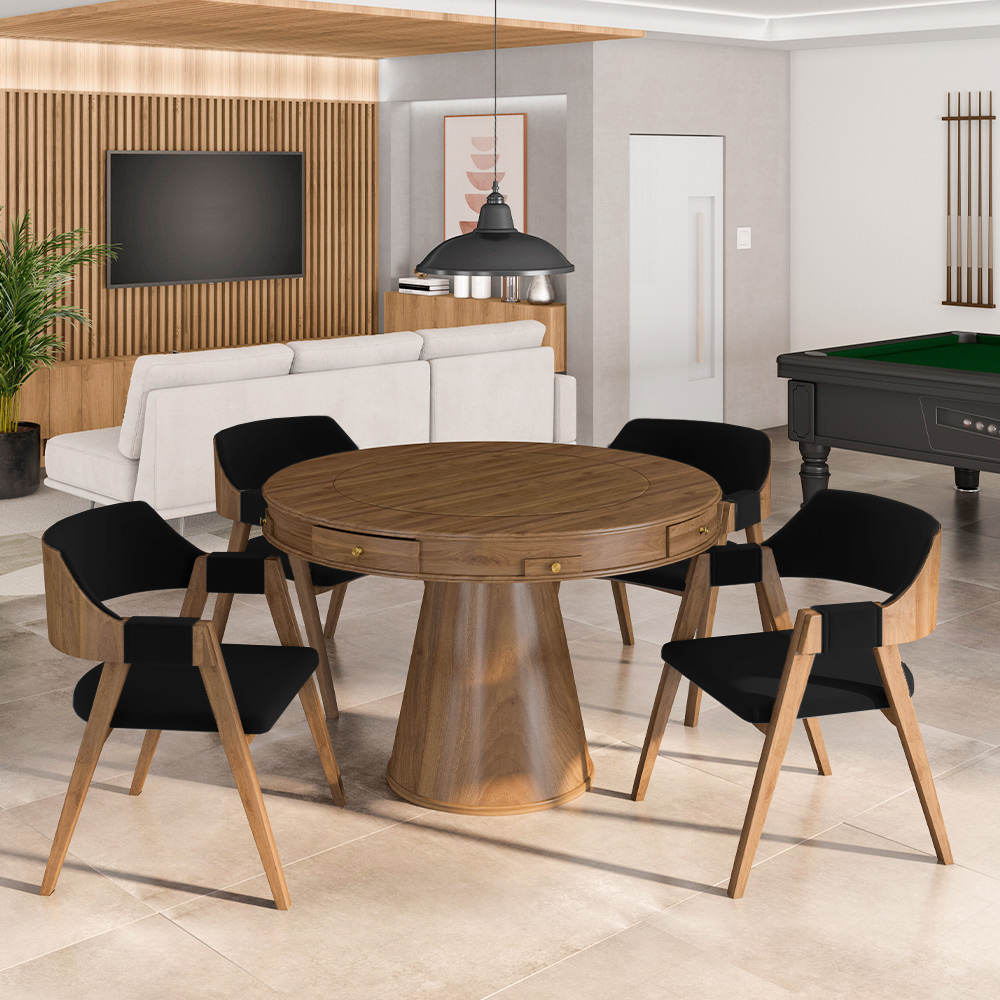 Conjunto Mesa de Jogos Carteado Bellagio Tampo Reversível e 4 Cadeiras Madeira Poker Base Cone Veludo Preto/Nogueira G42 - Gran Belo