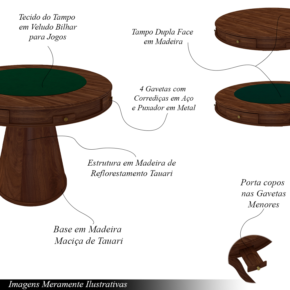 Conjunto Mesa de Jogos Carteado Bellagio Tampo Reversível e 4 Cadeiras Madeira Poker Base Cone Veludo Verde/Imbuia G42 - Gran Belo