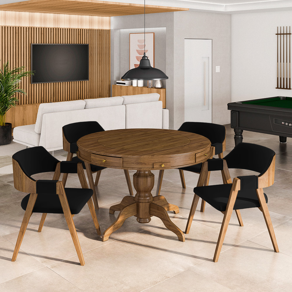 Conjunto Mesa de Jogos Carteado Bellagio Tampo Reversível e 4 Cadeiras Madeira Poker Base Estrela Veludo Preto/Nogueira G42 - Gran Belo