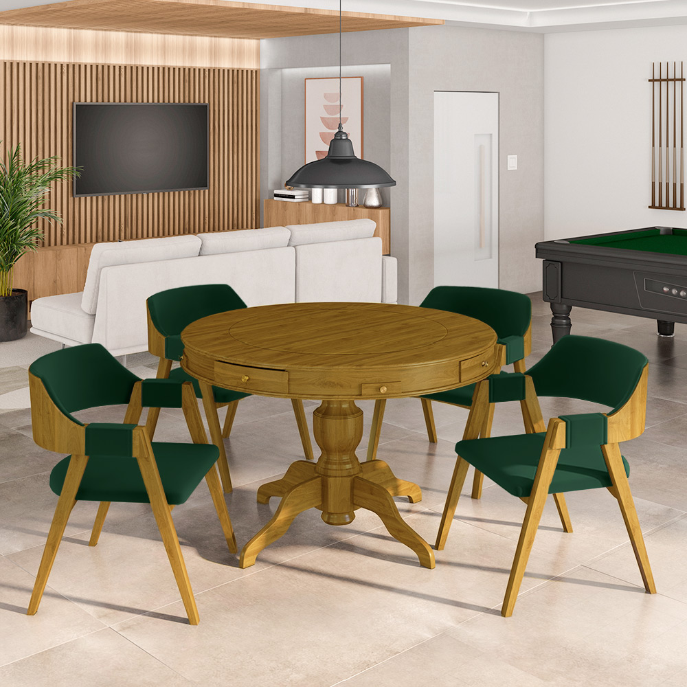 Conjunto Mesa de Jogos Carteado Bellagio Tampo Reversível e 4 Cadeiras Madeira Poker Base Estrela Veludo Verde/Mel G42 - Gran Belo
