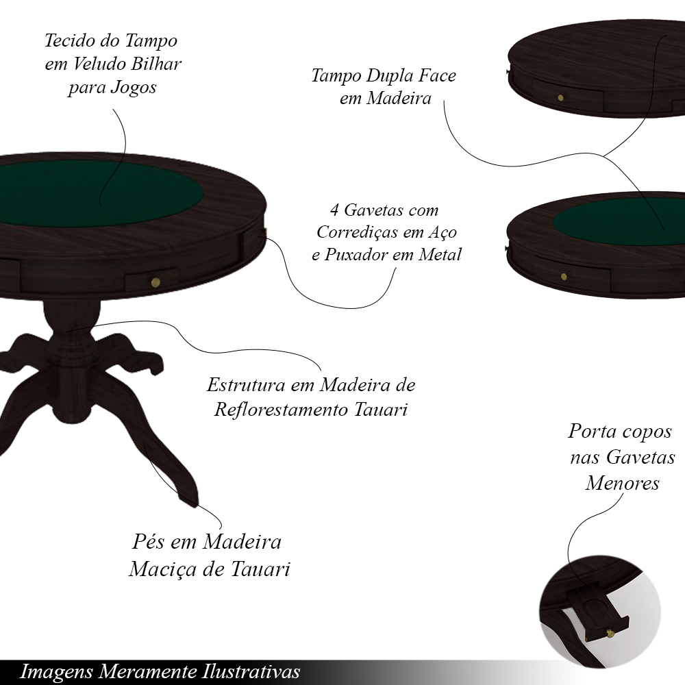 Conjunto Mesa de Jogos Carteado Bellagio Tampo Reversível e 4 Cadeiras Madeira Poker Base Estrela Veludo Verde/Tabaco G42 - Gran Belo
