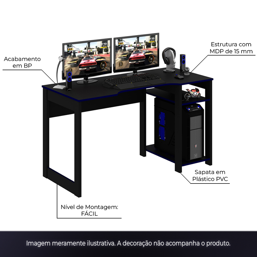 Conjunto Mesa e Armário para Escritório Home Office Gamer Cool MDP Preto/Azul G69 - Gran Belo