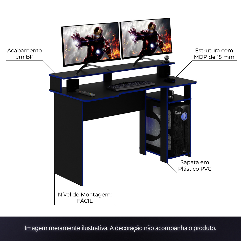 Conjunto Mesa e Armário para Escritório Home Office Gamer Cool MDP Preto/Azul G69 - Gran Belo