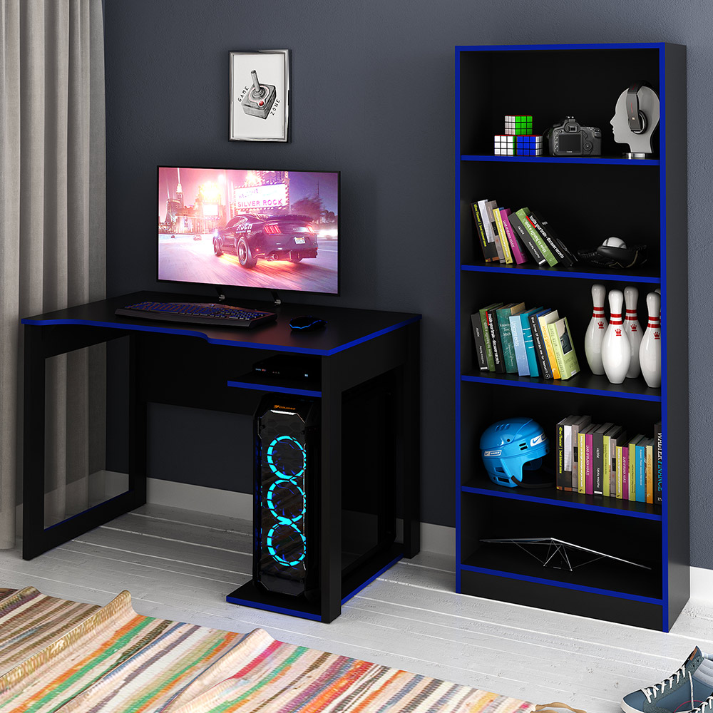 Conjunto Mesa e Armário para Escritório Home Office Gamer Cool MDP Preto/Azul G69 - Gran Belo