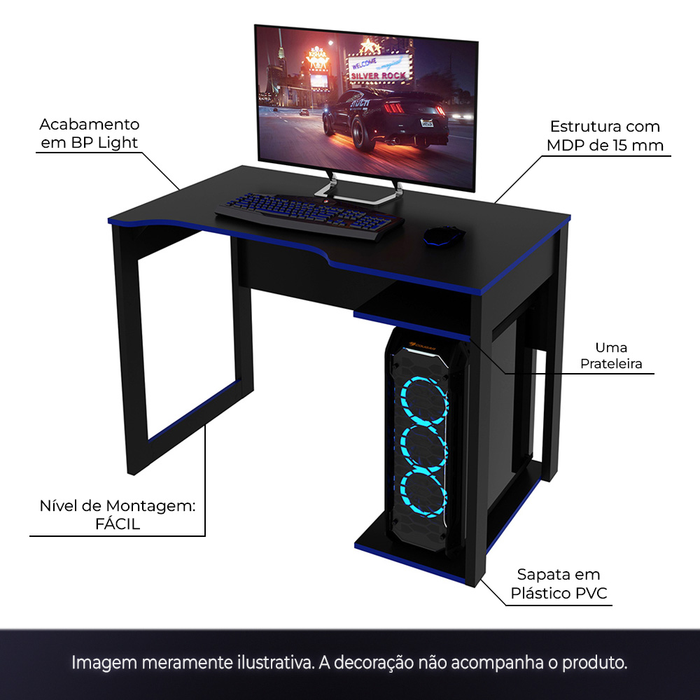 Conjunto Mesa e Armário para Escritório Home Office Gamer Cool MDP Preto/Azul G69 - Gran Belo