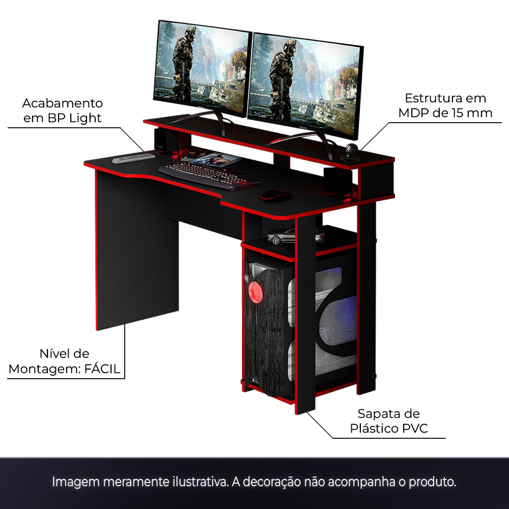 Conjunto Mesa e Armário para Escritório Home Office Gamer Cool MDP Preto/Vermelho G69 - Gran Belo